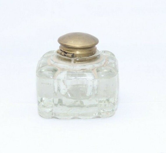 Vintage Original Handcrafted Heavy Cut Glass Square Shaped Ink Bottle with Brass Cap Beautiful Desk Accessory Decorative Collectible Ink Pot