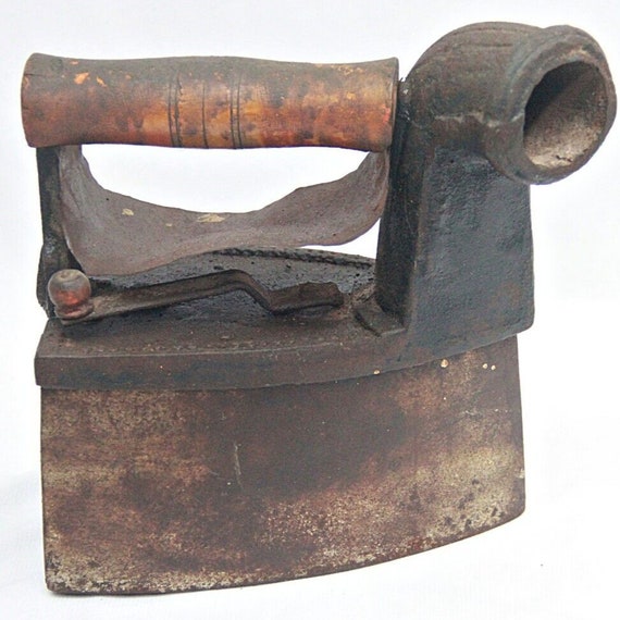 Rare Cast Iron Clothes Iron with Wooden Handle, Vintage Funnel and Chimney for Unique Home Decor & Nostalgic Ironing Experience Collectible