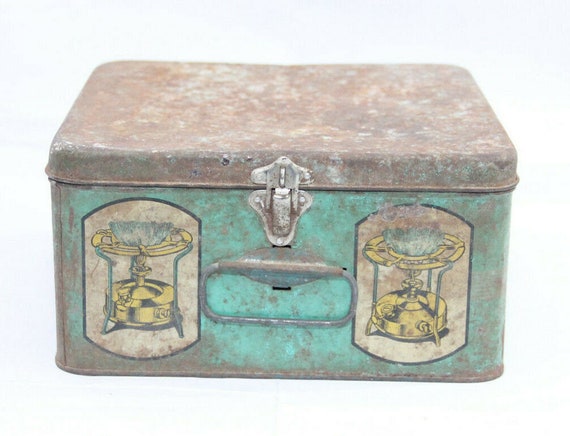 Rare Vintage Folding Stove Tin Box – EHS Litho Can with Scenic Art, Antique Collectible & Retro Decorative Storage for Nostalgic Enthusiasts
