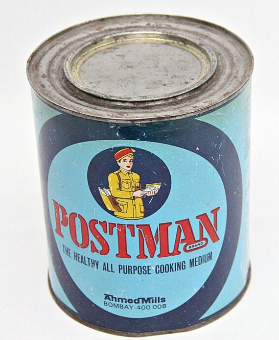 Rare Vintage Postman Brand All-Purpose Cooking Oil Tin Box – Empty Round Collectible Container for Retro Kitchen Decor and Nostalgic Storage