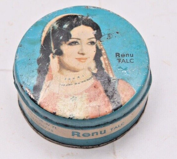 1970s Vintage Renu Talc Powder Round Litho Tin Box – Rare Indian Handcrafted Collectible, Retro Nostalgic Decor, Unique Storage Find