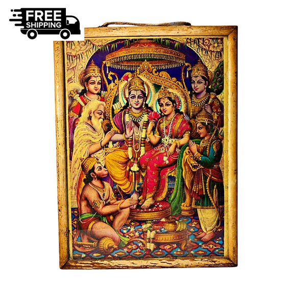 Rare Vintage Hindu Lord Ram Darbar Silver Work Litho Print– Elegant Wooden Frame, Beautiful Timeless Religious Art for Devotees & Collectors