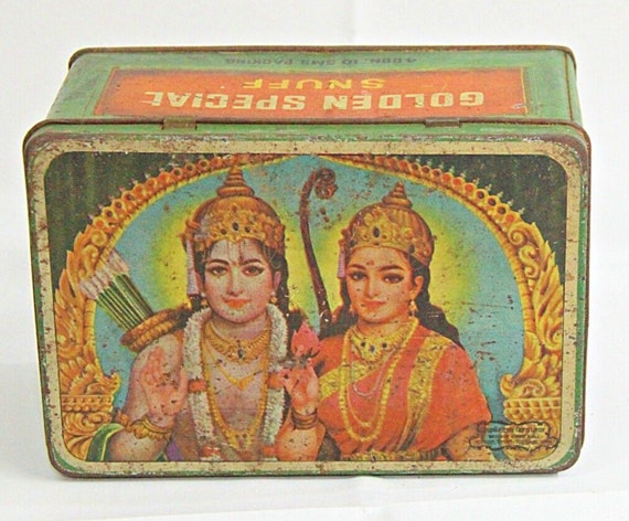 Vintage Golden Special Snuff Tin Box with God Ram and Sita Sacred Print, Hindu Mythology Collectible Advertisement, Beautiful Antique Decor