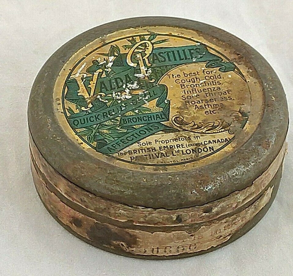 Vntg Tin Litho Valda Pastilles Medicine Cough Drops Menthol Paris France  (Empty)