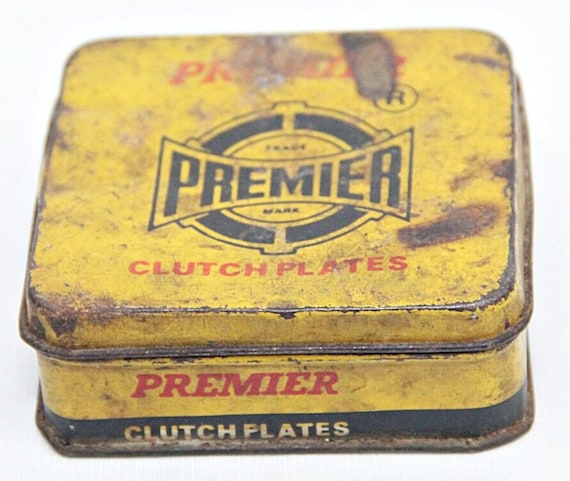 Rare Old Vintage Hand Crafted Premier Clutch Plates Litho Print Advertisement Tin Box from India | Retro Decorative Collectible Perfect Gift