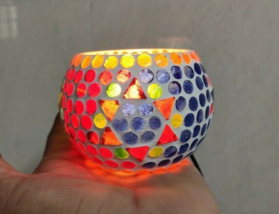 Handmade Mosaic Glass Tea Light Candle Lamp Beautiful Unique Designs for Cozy Ambiance Stunning Artisanal Tabletop or Shelf Decorative Piece