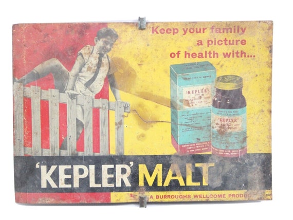 Vintage Pharmaceutical Kepler Malt Extract Liver Oil Advertising Tin Sign Board from England Collectible for Medical Memorabilia Enthusiasts