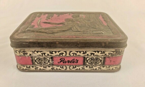 Vintage 1960s Lord Ram and Seeta Embossed Tin Box– Rare Old Parle Sweets Ad Collectible | Antique Indian Decor | Retro Religious Memorabilia