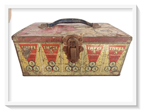 Vintage Three 'A' Cigarette Tin Box– Golden Virginia Litho Collectible, Rare Tobacco Memorabilia for Nostalgic Décor and Enthusiasts