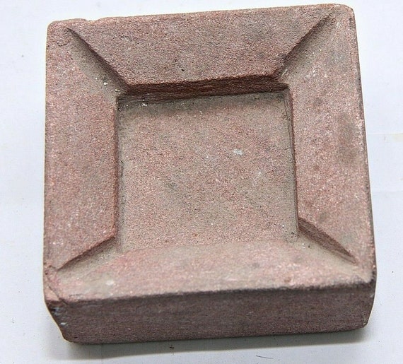 Rare Vintage Heavy Pink Sandstone Ashtray – Square Handmade Indian Collectible | Unique Home Decor | Retro Smoking Accessory with Character