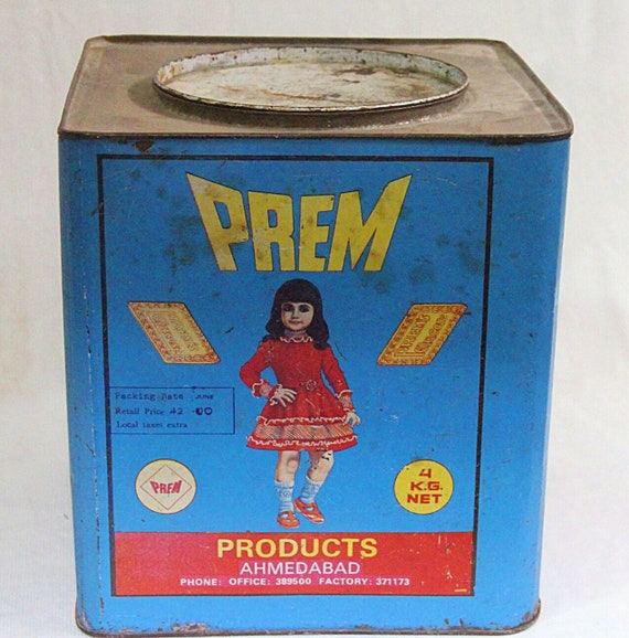 Authentic Vintage Prem Glucose Biscuits Tin Box – Rare Indian Collectible for Display or Storage, Advertisement Memorabilia for Enthusiasts