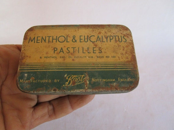Menthol & Eucalyptus Pastilles Tin Box – English Made, 1930 Medicine Packaging, Vintage Litho Decor, Unique Collectible Item for Enthusiasts