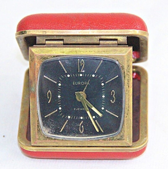 Europa 2 Jewels German Folding Travel Pocket Alarm Clock Brass Old Vintage Compact Retro Collectible Timepiece VGC