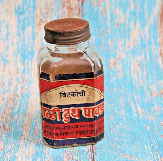 Indian Vintage Tooth Powder Glass Bottle Decorative Collectible Thick Heavy Old Artisan Home Decor Unique Gift Idea for Collectors