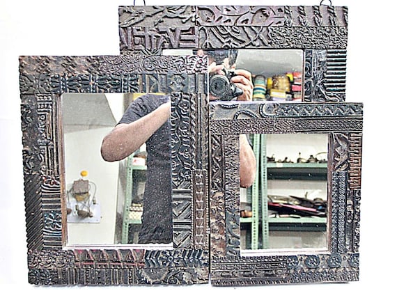 Vintage Style Wooden Mirror Frame Set of 3, Handcrafted with Fabric Printing Blocks, Unique Wall Decor, Rustic Home Accent