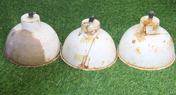 Set of 3 Old Vintage Porcelain Enamel Lamp Shades– Handcrafted Iron from India | Elegant Antique Lighting Decor | Rustic Industrial Ambiance