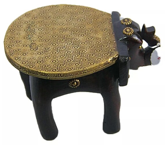 Handmade Wooden Elephant Design Stool Brass-Fitted Table Pedestal Table Corner Decor, Rustic Indian Craft, Unique Sitting Artisanal Piece