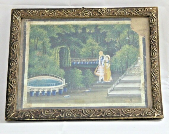 Exquisite Vintage Lord Krishna & Radha Painting– Handcrafted Wooden Frame Antique Art | Divine Indian Wall Decor for Home, Temple and Office