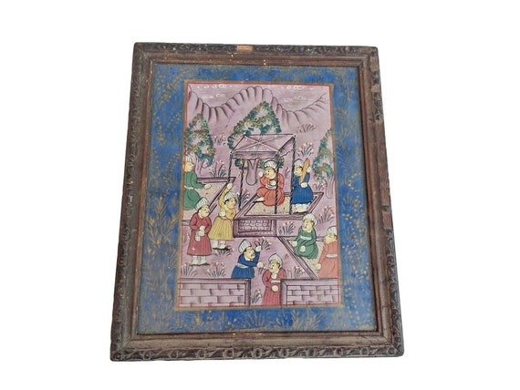 Vintage Emperor’s Court Oil Painting – Old Indian Miniature Hand-Framed Canvas Artwork Antique Collectible Home Decor Royal Heritage Display