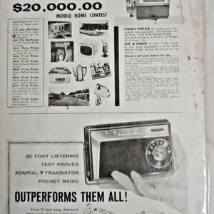 Vintage 1958 Admiral 7 Transistor Pocket Radio Paper Sign Adv Chicago USA Retro Collectible Home Decor Elettronica antica
