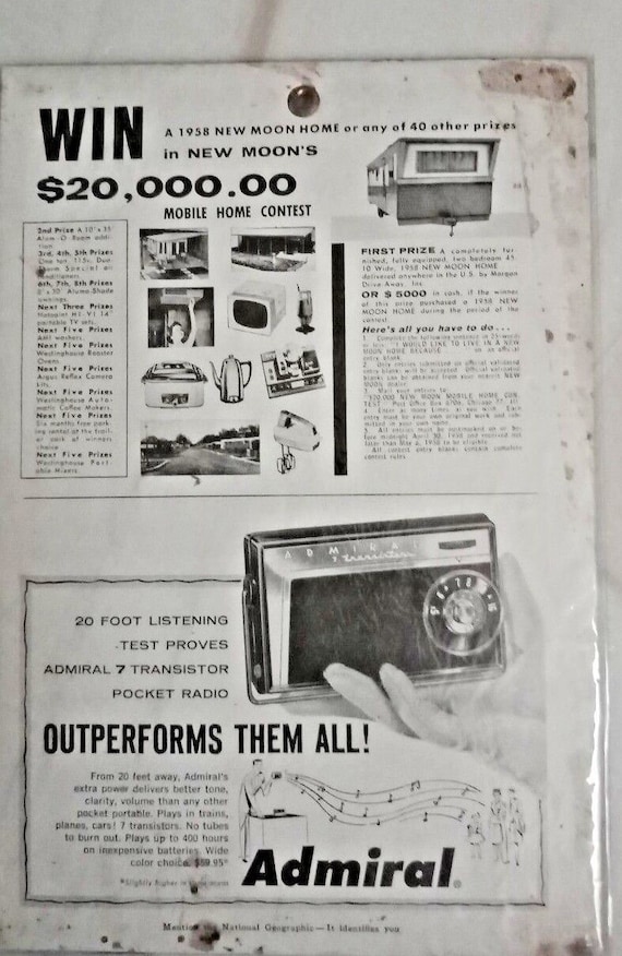 Vintage 1958 Admiral 7 Transistor Pocket Radio Paper Sign Adv Chicago USA Retro Collectible Home Decor Antique Electronics