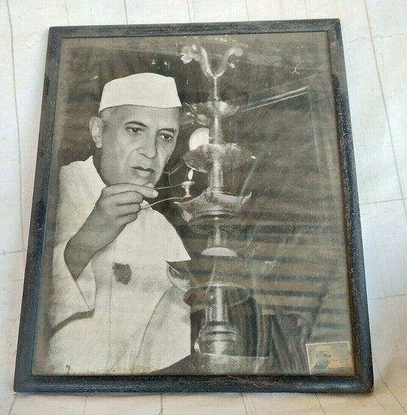 Old Vintage PT Jawar Lal Nehru Litho Print Framed Glass Art Decorative Piece Collectible Indian Heritage Nostalgic Home Decor
