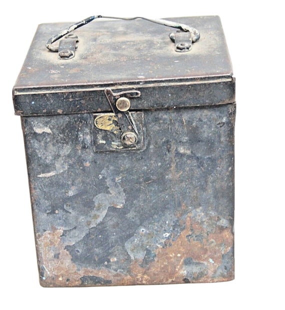 Rare Vintage Painted Thick Metal Sheet Tin Box – Antique Kitchen Storage Organizer, Rustic Home Décor Piece for Nostalgic & Functional Charm