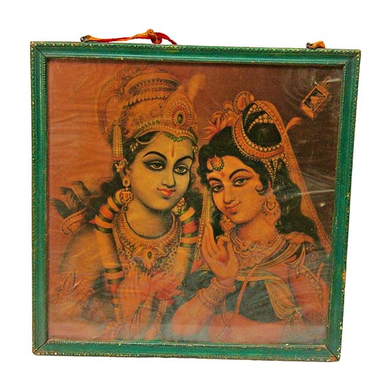 Beautiful Vintage Handmade Religious Wooden Framed Litho Print of Hindu Lord Shri Radha Krishna Decorative Collectible Traditional Wall Art