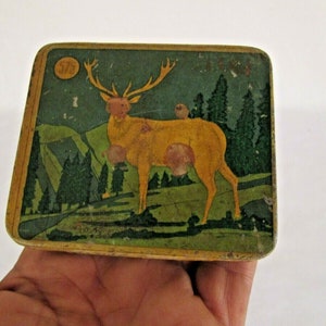Jaren 60 blikken doos met rendierlithoprint - vintage kerstdecor