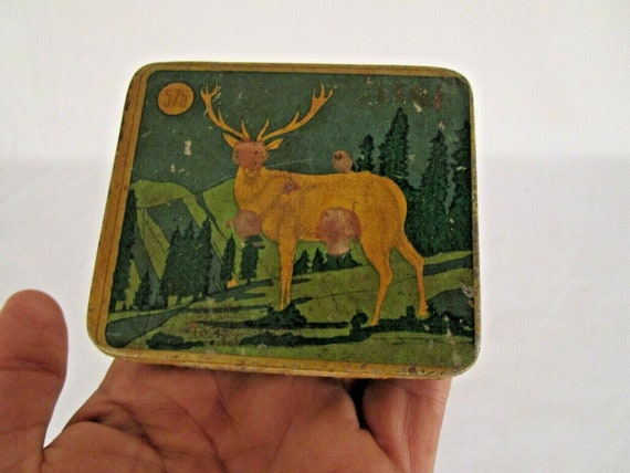 1960s Reindeer Tin Box – Vintage 575 BIDI Litho Print, Unique Handcrafted Christmas Collectible, Retro Holiday Decor & Rare Storage Keepsake