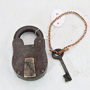 Vintage Solid Iron Padlock with Brass Tag: Antique Lock & Key