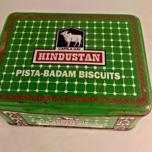 Vintage Hindustan Pista Badam Biscuits Tin: Capila Gai Trademark