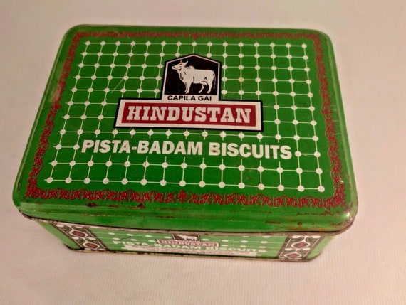 Hindustan Pista Badam Biscuits Tin Box– Capila Gai Trade Mark, Vintage Storage Case, Indian Retro Biscuit Container for Collectors and Décor