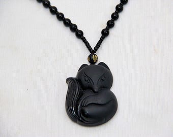Ciondolo a forma di volpe in ossidiana nera intagliato a mano – Collana con amuleto animale in pietra naturale – Gioielli con volpe