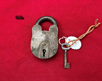 Lucchetto vintage in ottone e ferro con chiave – Lucchetto indiano in stile antico da collezione (H7)