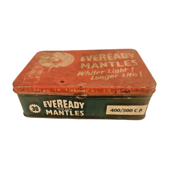 Vintage Eveready Mantles Advertising Tin Box – Antique Collectible EHS Container, Retro Décor Piece, Rustic Display Case, Unique Storage Box