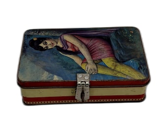 Vintage Indian Lithographed Tin Box – Classical Woman & Forest Artwork – Mid-Century Collectible