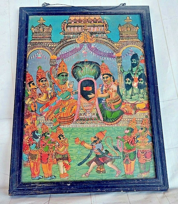 Vintage Litho Print of Lord Vishnu & Goddess Lakshmi – Handcarved Wooden Frame | Antique Hindu Religious Wall Art | Divine Home Temple Decor