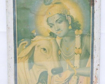 Vintage Hindu Lord Krishna Lithograph Print - Handcrafted Wooden Frame