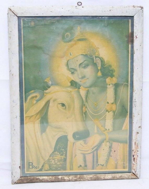 Rare Beautiful Vintage Hand Crafted Hindu Lord Krishna Litho Print with Wooden Frame, Unique Religious Collectible, Spiritual Wall Art Decor