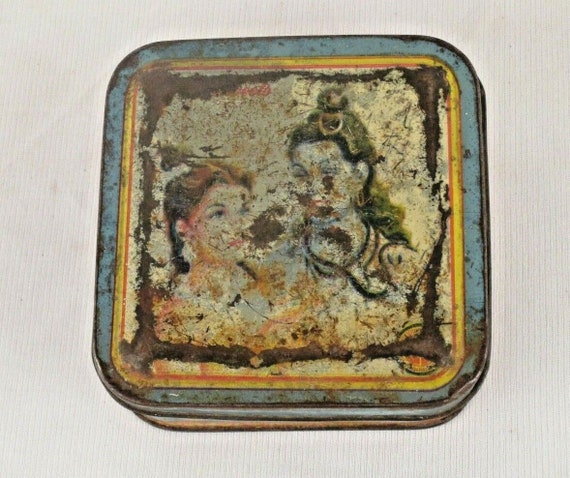 Rare Vintage Shiva Parvati Litho Tin Box– Square Retro Storage with Divine Art, Collectible Antique Décor for Spiritual and Nostalgic Spaces