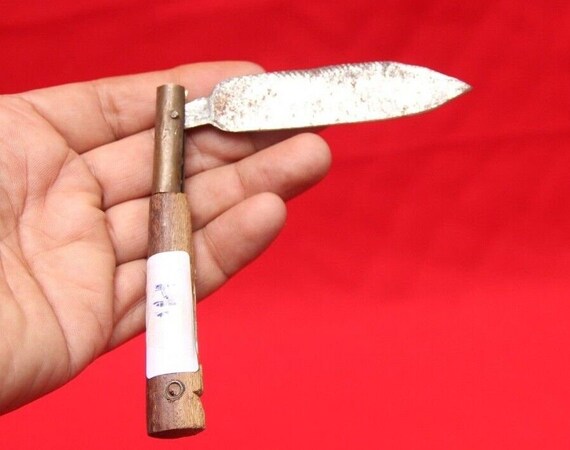 Vintage Wooden Handle Iron Blade Folding Knife Unique Shape Collectible Tool Handmade in India for Outdoor and Survival Enthusiasts H1