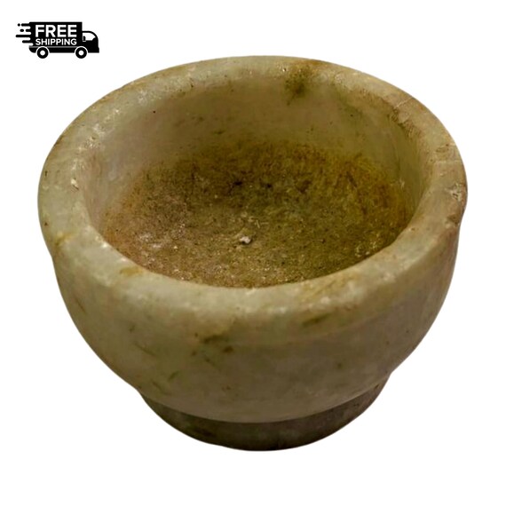 Vintage Marble Mortar (Kharal) – Hand-Carved Round Spice Grinder | Rare Stone Collectible Kitchen Heirloom for Traditional Cooking and Decor