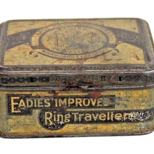Vintage Eadie Bros & Co. Ltd Litho Tin Box Made in England for Eadies Ring Travellers, Antique English Collector&#39;s Piece, Old Tin Container