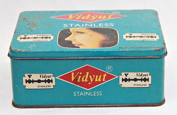Vidyut Stainless Blades Tin Box Rare Retro Shaving Accessory Classic Vintage Litho Print Razor Blade Holder for Collectors & Enthusiasts