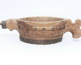 Old Hand Carved Brass Fitted BOAT SHAPE Wooden Kharal Opium Water Bowl Mortar