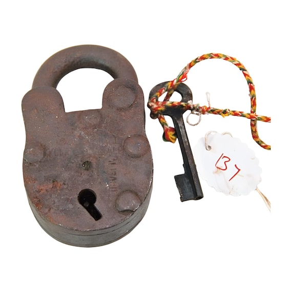 Vintage Handmade Iron Aligarh Padlock with Key - Antique Lock for Rustic Decor & Unique Retro Display Piece