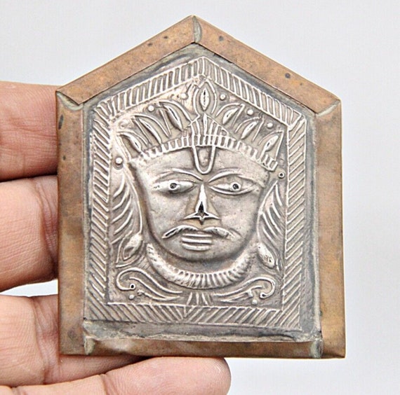 Rare Handmade Vintage Silver Foil Embossed Kuldevta Tak on Copper Plate, Traditional Hindu Art, Religious Home Decor, Antique Artisan Craft
