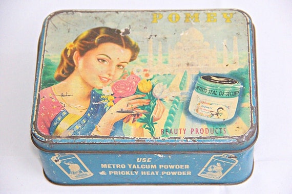 Old Vintage Retro Tin Box with Beautiful Lady Print Pomey Beauty Advertisement A Must-Have for Antique Collectors and Indian Cosmetic Lovers