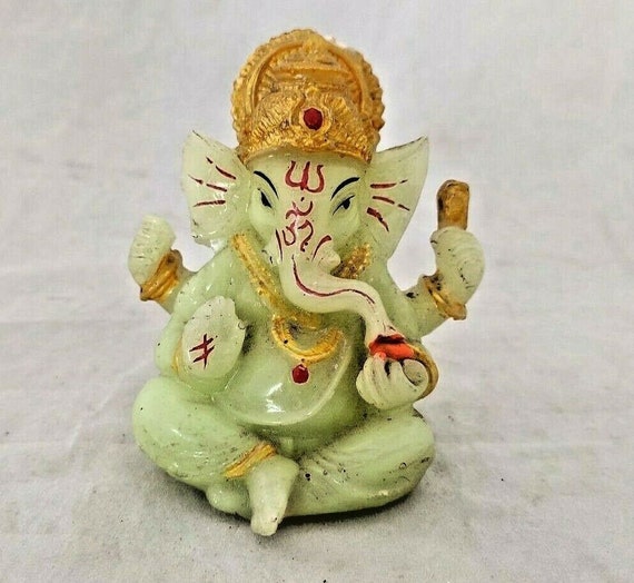 Vintage Light Green Poly Resin Lord Ganesha Figurine, Sacred Hindu Deity, Elegant Spiritual Decor, Handcrafted Unique Design, India